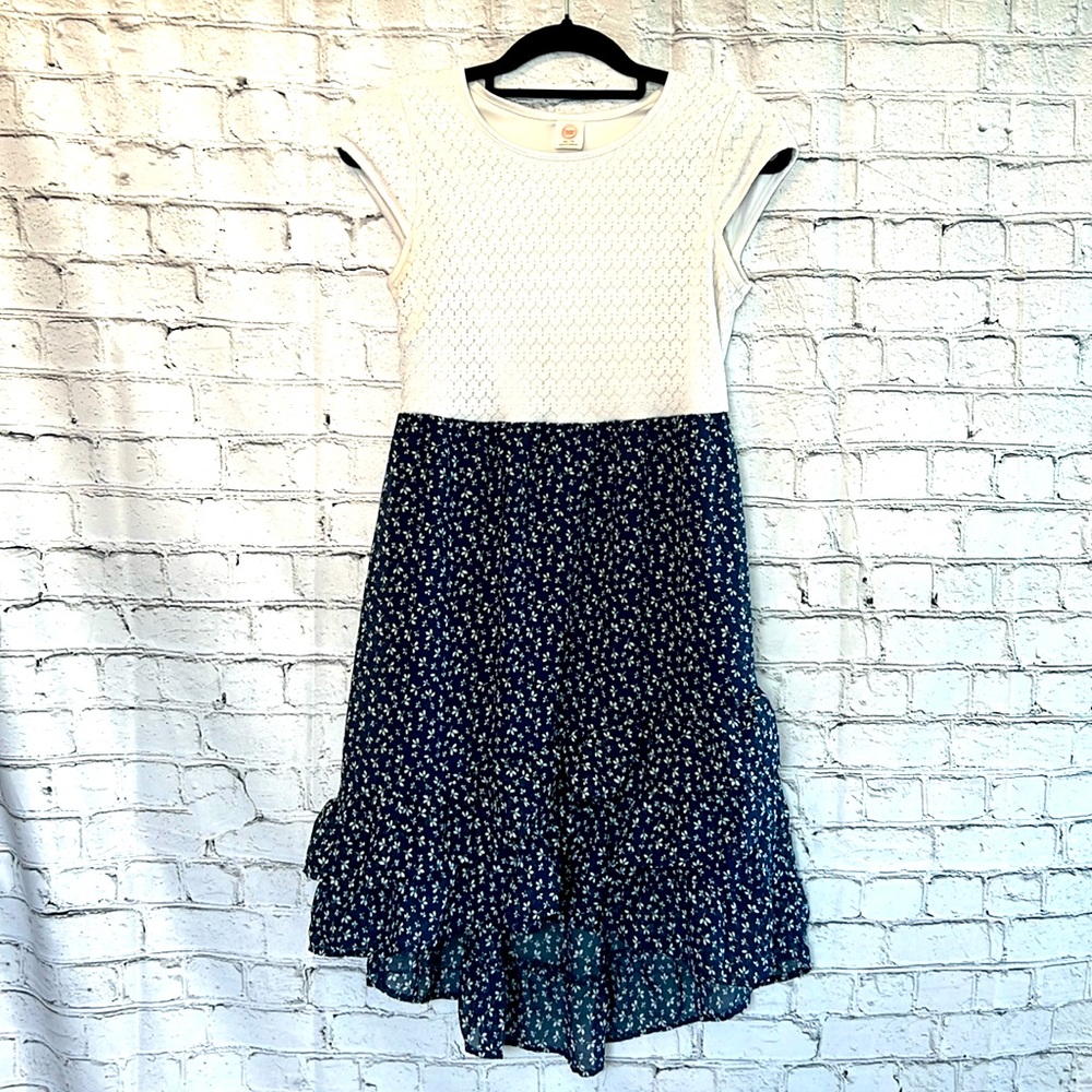 🌞 Wonder Nation white knit bodice blue floral ruffle  dress girlie girl XXL